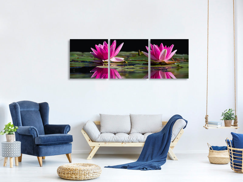 panoramic-3-piece-canvas-print-water-lilies-duo-in-pink